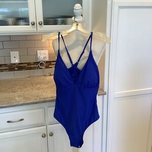 Blue Strappy One-Piece Swimsuit NWT Size 12 Bathing Suit with Side Cutouts
